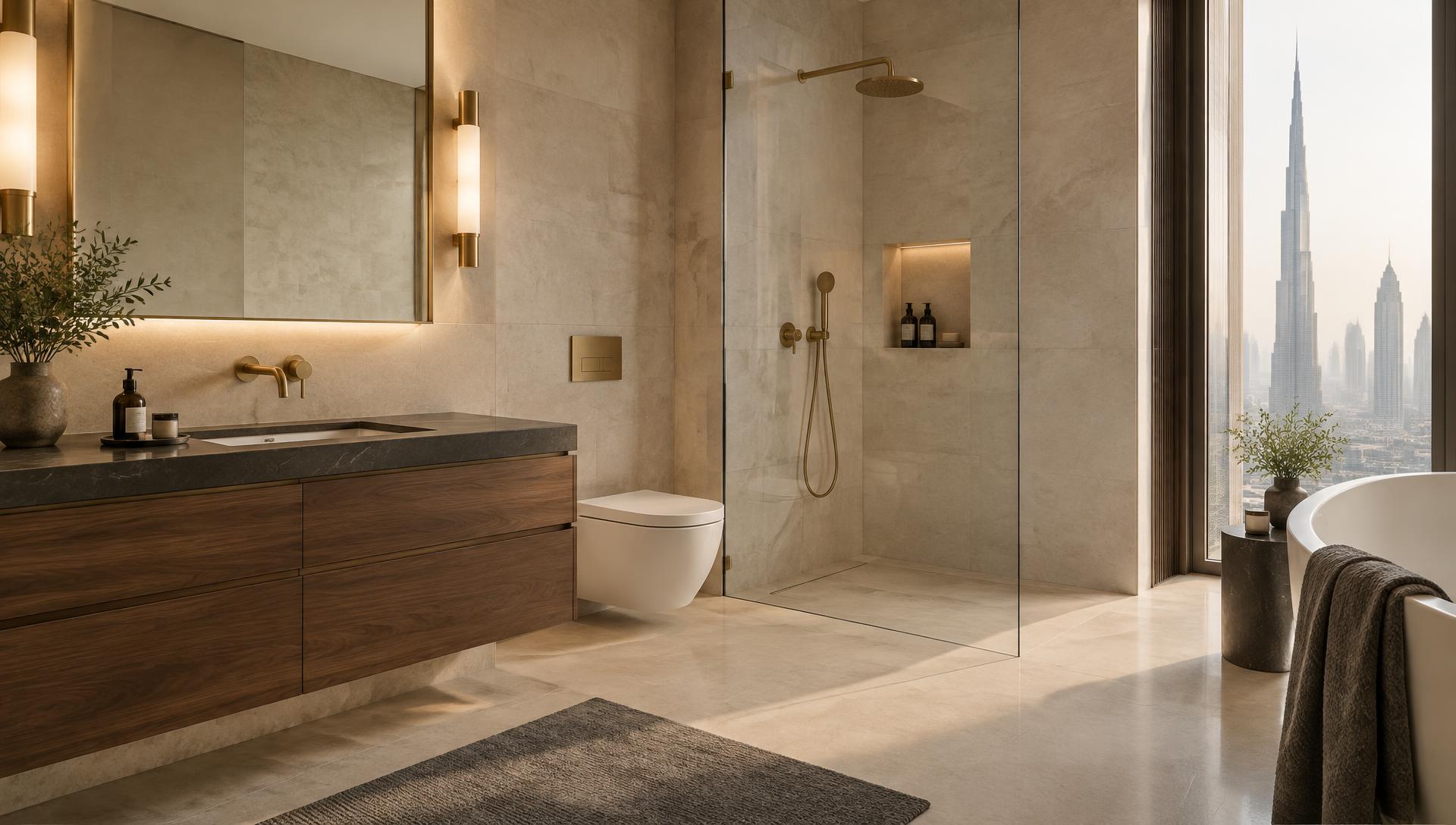 Illustrative example of a tiled bathroom with gold sanitary fittings