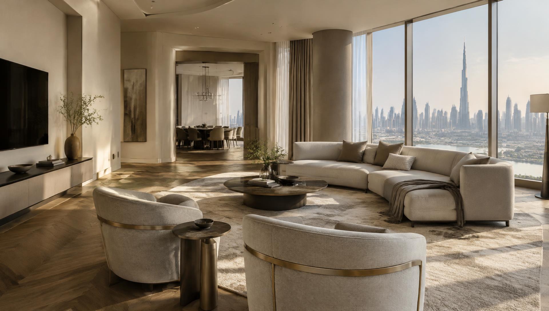 Sophisticated contemporary living room with refined wall finishes, wood flooring and a Dubai skyline view