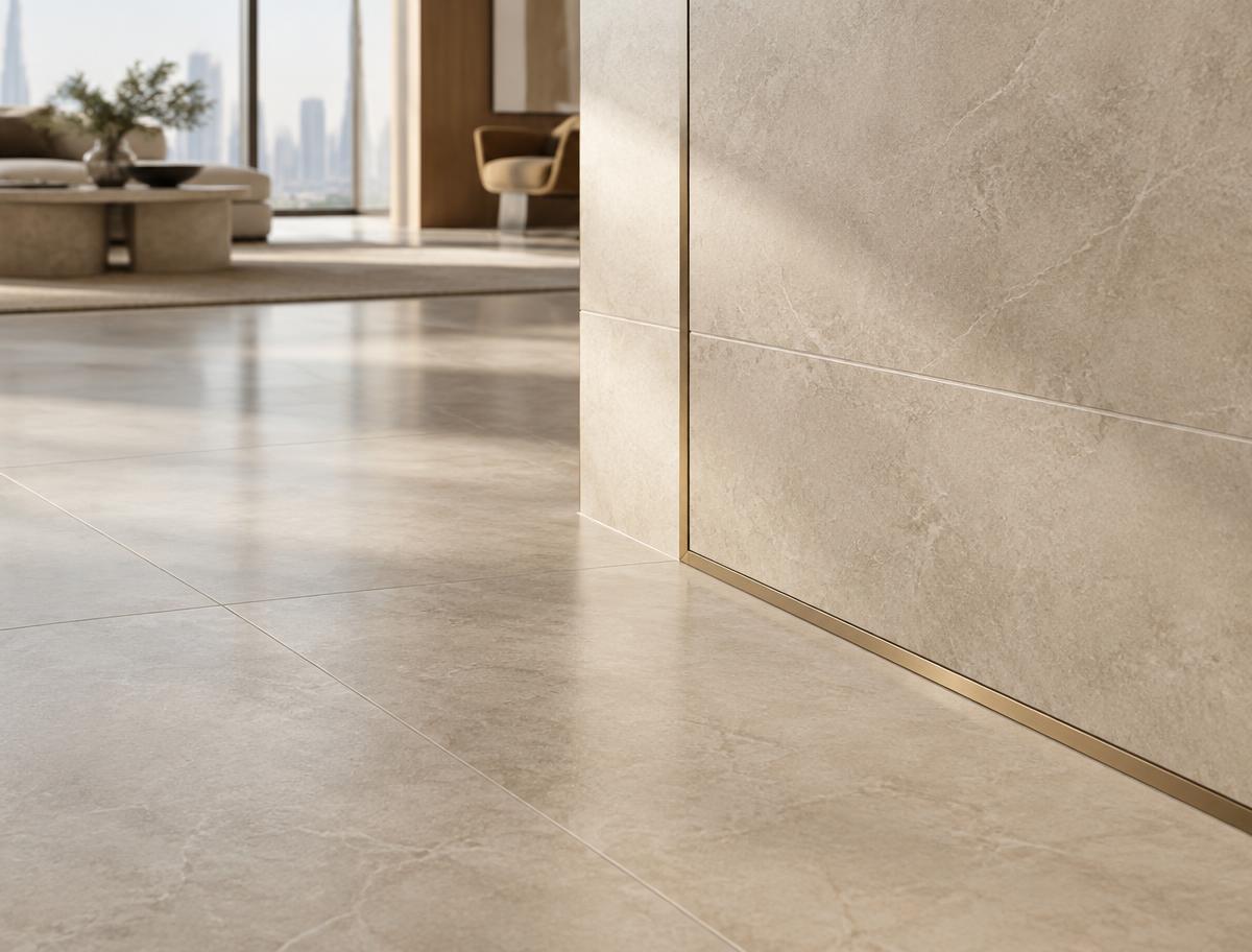 Illustrative example of aligned floor and wall tiling with a gold transition profile